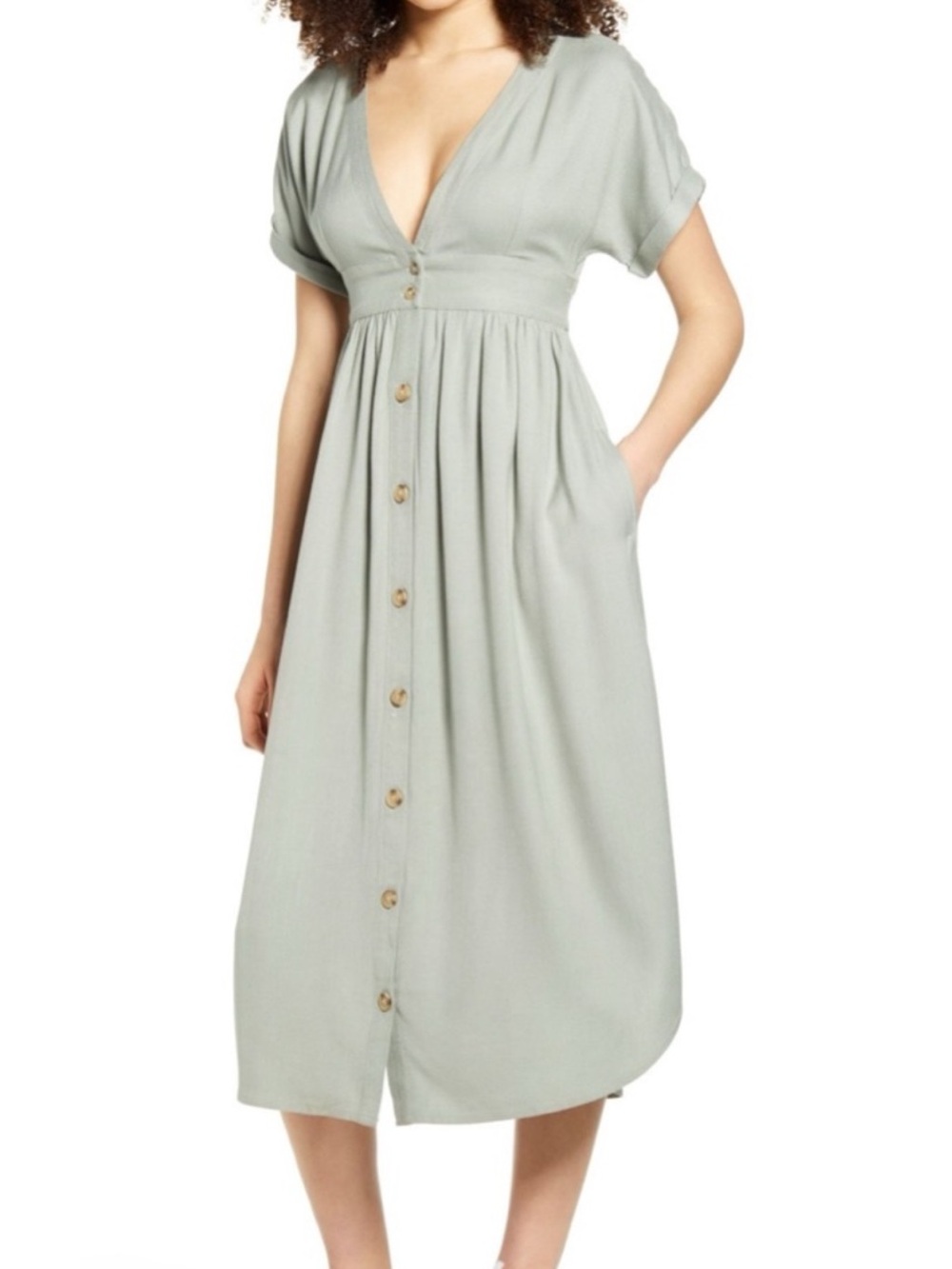 O'Neill Sage Green Button-Front Side Pockets Midi Dress SMALL